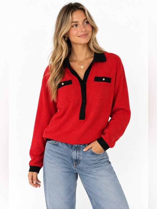 Liz Claiborne Sweaters - Vintage 90s Red Black Blouse Gold Button Preppy Old Money 100% Cotton Petite L